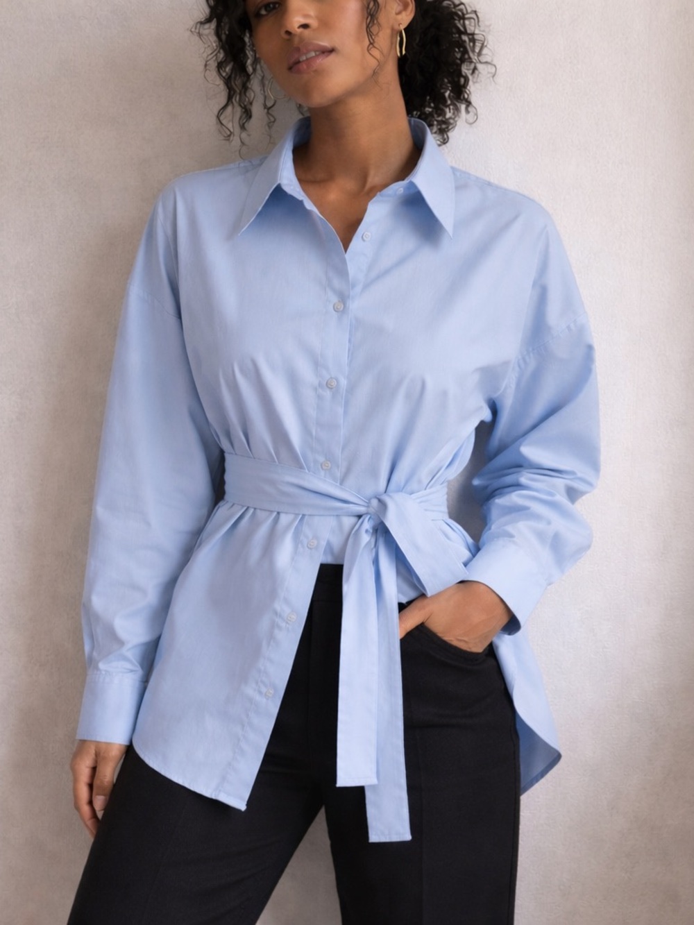 Tibi Blue Cotton Button Up Shirt Belted Size 0 Minimalist Office Workwear